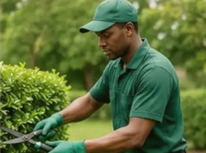 Garden boy trimming a hedge